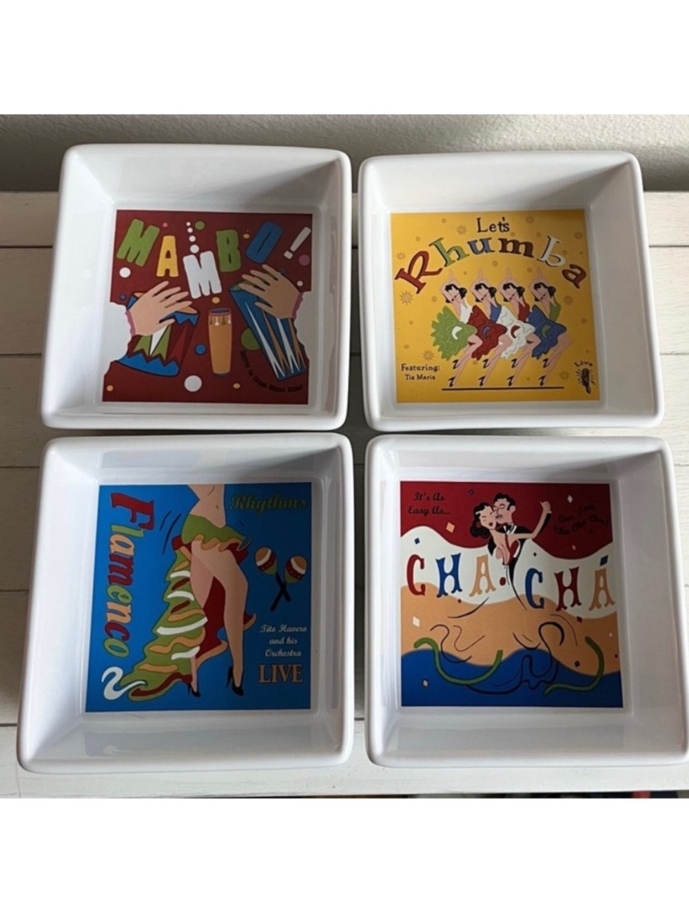 Vintage Set of 4 Latin dances Pottery Bran serving dishes Latin dances graphics.